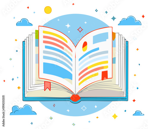 Colorful cartoon open storybook floating in a magical sky with clouds and stars