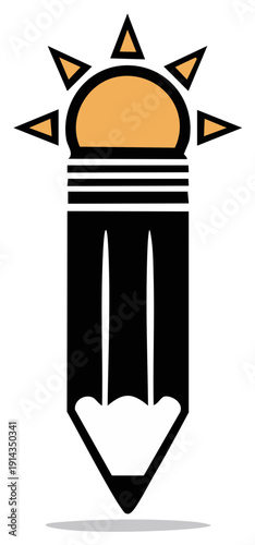 Stylized Pencil with Glowing Sun Rays Symbolizing Creativity and Inspiration