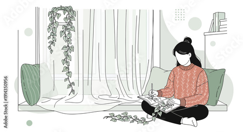 Woman reading book by window with plants, cozy home interior illustration
