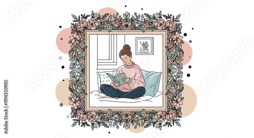 Woman Reading Book in Cozy Floral Frame, Hygge Lifestyle