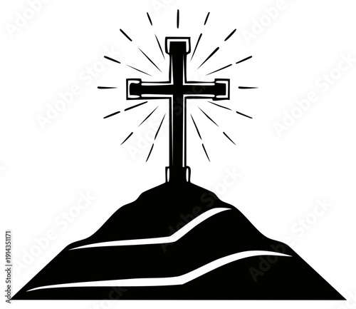 Silhouette of a Christian cross standing tall on a hilltop with radiating light rays