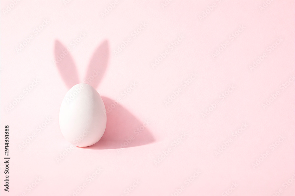 Fototapeta premium Minimal Easter egg with bunny ears on soft pink background, modern holiday concept