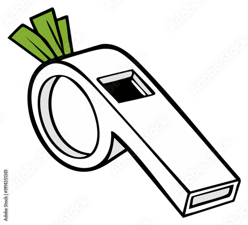 Cartoon illustration of a sports referee whistle with green grassy tufts emerging from the top
