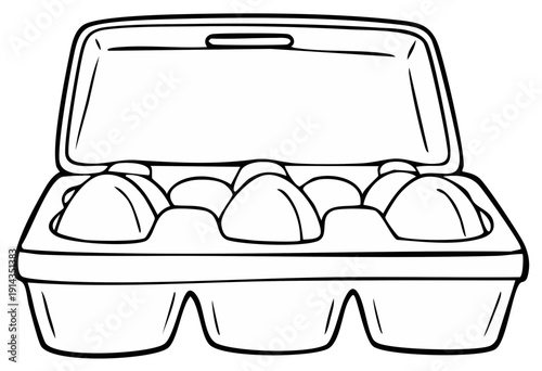 Cartoon drawing of an open egg carton holding six white eggs