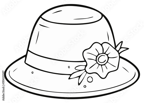 Elegant hat decorated with a floral embellishment. Decorative headwear for summer occasions