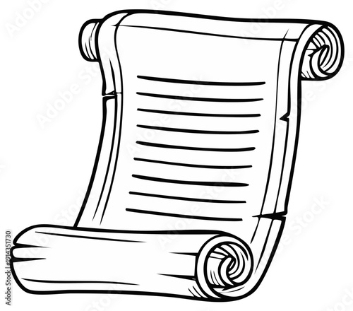 Ancient scroll with handwritten text unfurls with rolled edges illustration