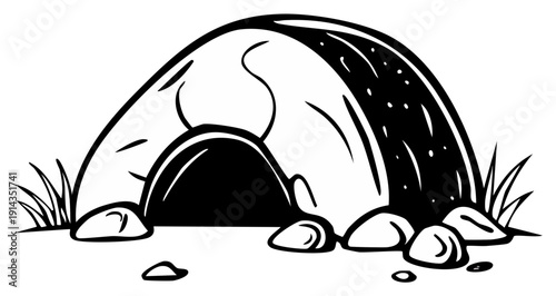 Natural Cave Entrance with Rocks and Grass Illustration