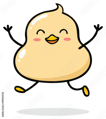 Adorable smiling yellow cartoon character leaping with joy and arms uplifted