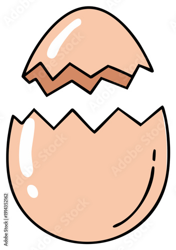 Cartoon illustration of a cracked eggshell, broken open symbolizing hatching and new beginnings