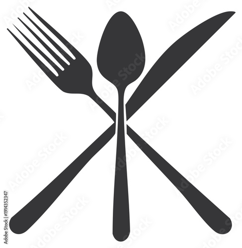 Crossed fork, spoon, and knife isolated on a white background, eating concept