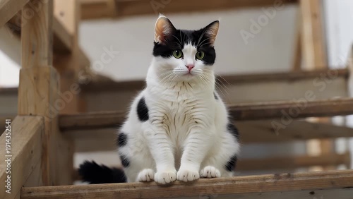 Monochromatic Feline Juvenile Resting on Domestic Interior Incline Steps