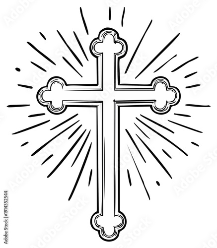 Ornate Christian Cross Icon with Rays of Light Graphic Symbol of Faith and Religion Religious Artwork Simple Black and White