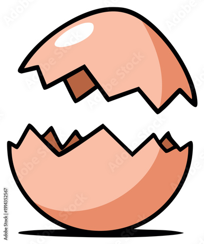 Cartoon eggshell with broken pieces, cracked open, showing eggshell texture and design, isolated