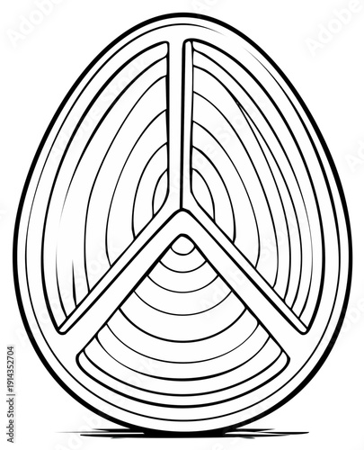 Stylized peace sign inside an egg outline, black and white illustration