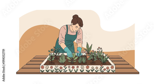 Woman planting succulents and flowers in a raised garden bed, gardening concept.