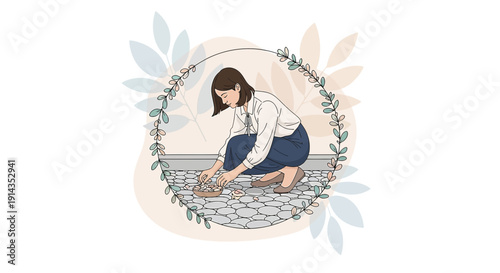 Woman Planting Flowers in Garden, Botanical Illustration, Floral Frame