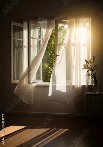 Open window with white sheer curtains fluttering in a gentle breeze with sunlight streaming in. Soft home interior and freshness concept.