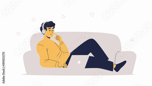 Man Relaxing on Sofa with Laptop and Headphones, Listening to Music