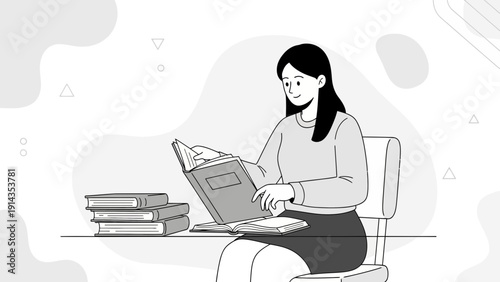 Young Woman Reading Book at Desk, Stacked Books, Minimalist Illustration