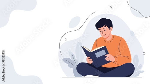 Young man reading book, sitting cross-legged, studying, educational concept, flat design