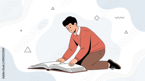 Young man learning, reading book, studying, education concept, flat illustration