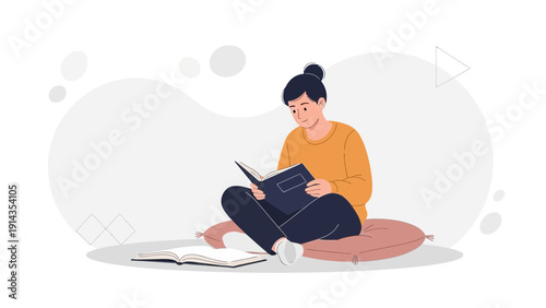 Young woman reading book, studying, learning, relaxing, graphic illustration