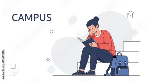 Student reading book on campus steps with backpack, learning and education concept