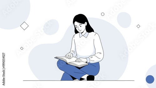 Young Woman Reading Book Sitting Cross-legged, Study, Education, Knowledge