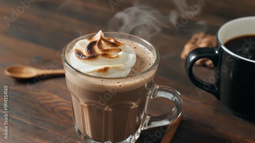 A steaming glass of rich hot chocolate topped with a layer of caramelized burnt cream, served alongside coffee
