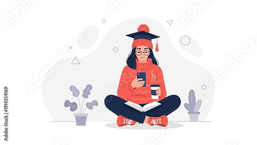 Student with graduation cap and coffee using smartphone, studying online