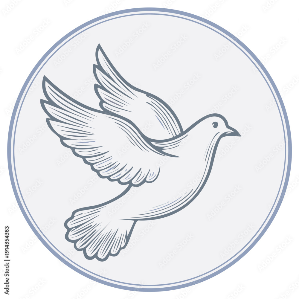 Fototapeta premium Flying Dove Line Art Illustration in a Circle Frame Symbol of Peace