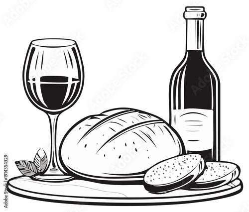 Artistic illustration of a rustic bread loaf with sliced bread and a wine glass filled with red wine beside a bottle on a wooden board with fresh mint leaves for a simple still life composition.