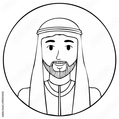 Bearded Arab man in traditional headdress and tunic portrait line drawing illustration