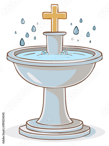 Cartoon baptismal font with a cross and falling water droplets symbolizes religious ritual and purity