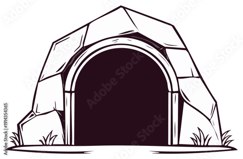 Stylized Cave Entrance Illustration Rock Formation, Cartoon Style Portal to Hidden World