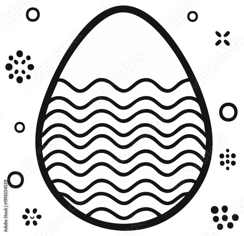 Egg with wavy pattern outline surrounded by circles and crosses, simplistic spring holiday illustration, festive design