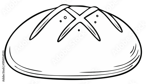 Freshly baked artisan bread loaf with scored top in simple line art.
