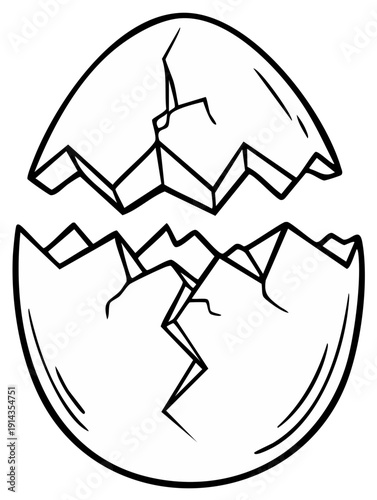 Black and white cracked eggshell line art illustration depicting hatching or new beginnings