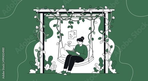 Woman on swing writing, surrounded by nature and greenery, creative inspiration