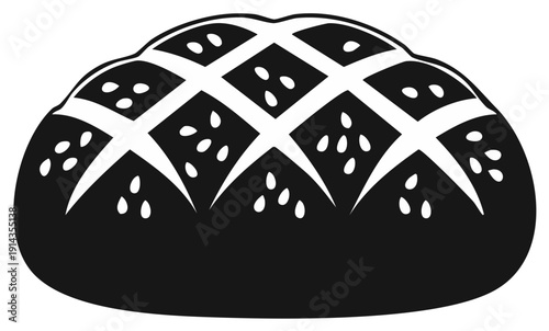 Illustration of Round Bread Loaf with Seed Topping and Cross Patterned Surface Crust Baked Food