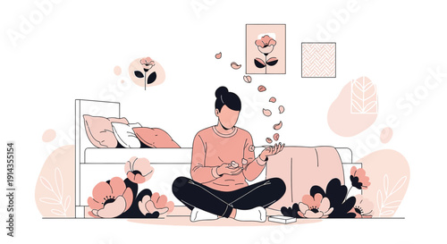 Woman Meditating with Flowers in Bedroom, Peaceful Mind and Nature Illustration