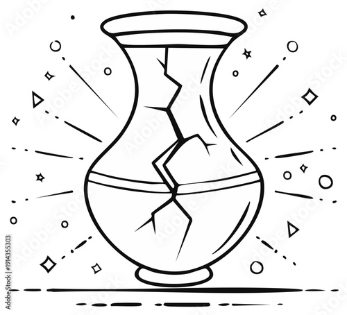 Cracked Vase with Graphic Sparkle Design Illustration; Concept for Repair, Beauty in Imperfection, Transformation