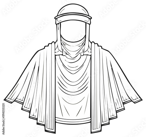 Line art illustration of a figure wearing a head covering and flowing cape or shawl design
