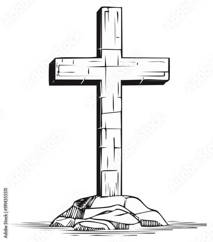 Sketch of a Wooden Cross Standing on Rocks Symbolizing Faith and Religion