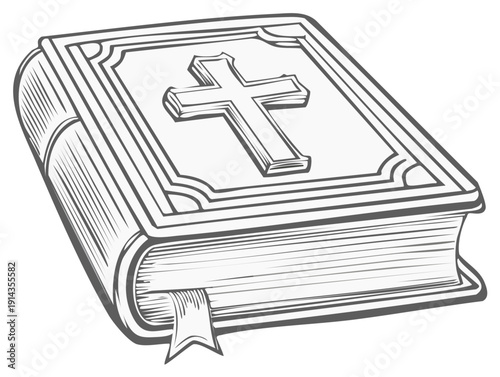 Detailed vector illustration of a bible with a cross symbol, religious text.