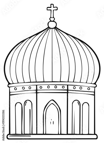 Simple line art of a Christian Orthodox church with an onion dome and cross for a coloring page