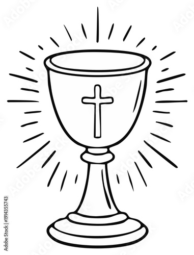 Hand drawn glowing chalice with a cross symbol. Christian communion cup line art illustration for worship.