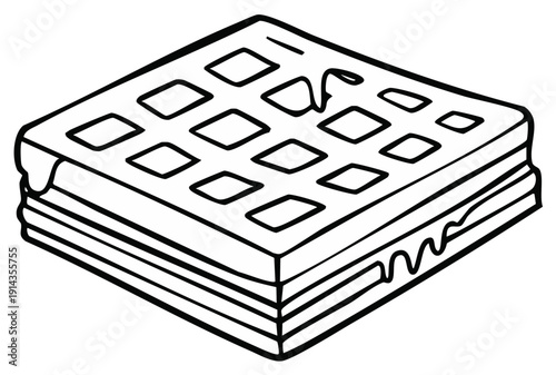 Belgian waffle with syrup black and white line art illustration for coloring book