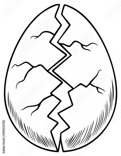 Cracked egg illustration, hatching concept, black and white outline.
