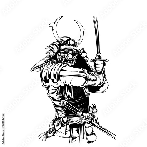 A samurai warrior standing in a powerful stance, holding a sword, with traditional armor and a horned helmet, illustrated in black and white.